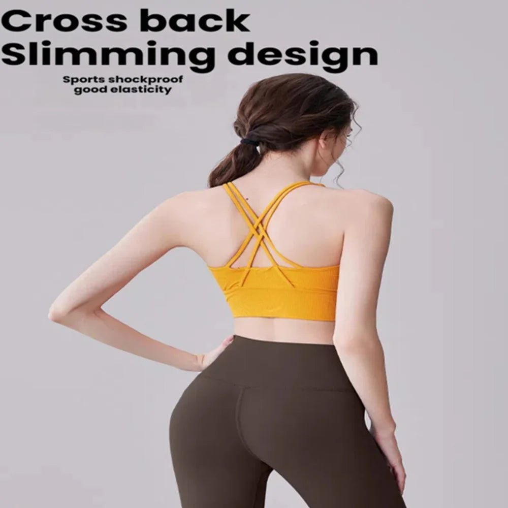 Women Sports Bra Solid Color Women Cross Back Bra Fitness Underwear Running Fitness Gym Yoga Padded Bralette
